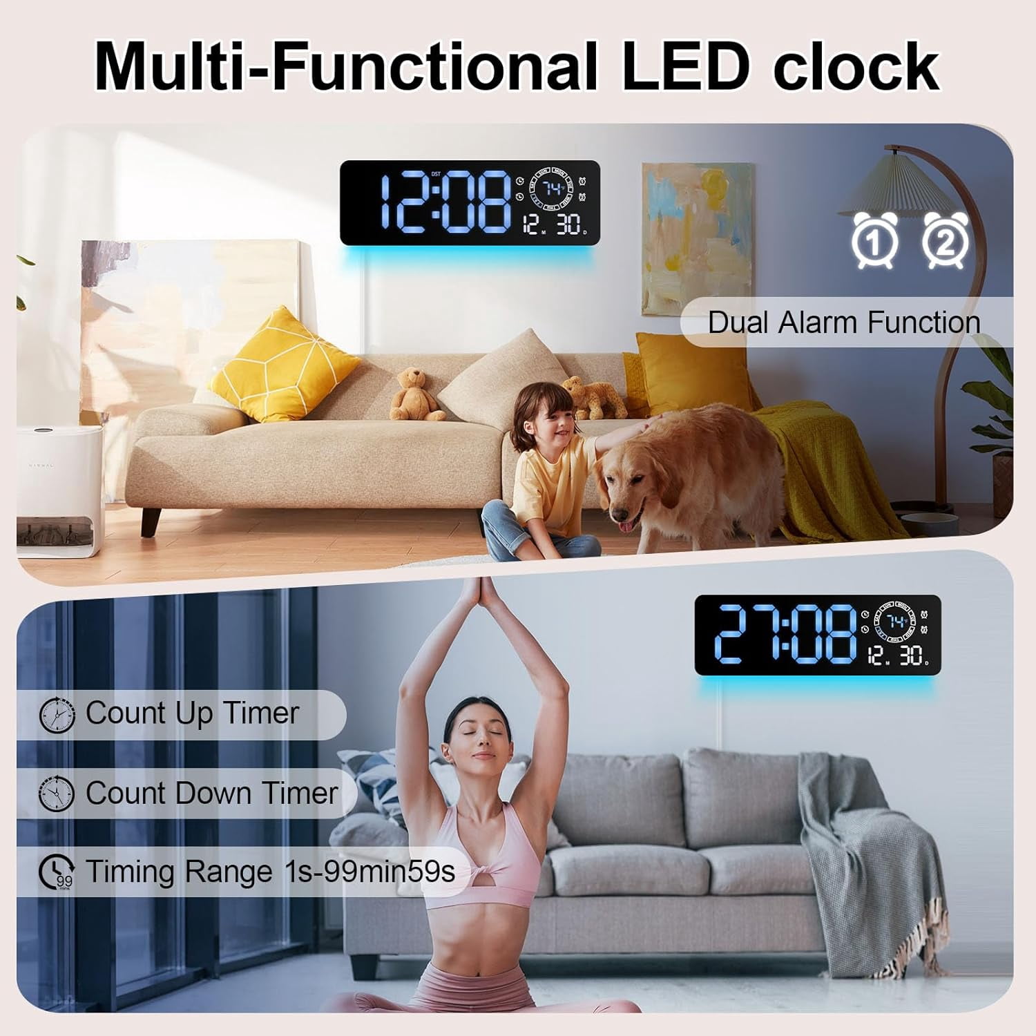16-inch Jumbo Display Digital Clock with Remote, Auto-Dim & Night Light, Electronic Calendar Wall Clock (Date, Week, Temp) for Elderly, Bedroom, Living Room
