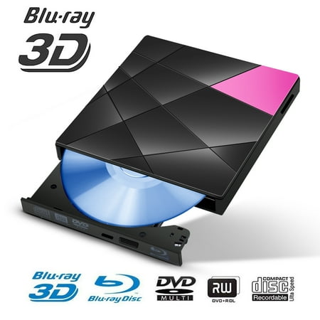 Slot Load Blu Ray Burner External Blu-ray Drive, USB 3.0 and Type-C External Blu Ray Player Writer Portable BD/CD/DVD Burner Drive with Polished Metal Chrome for Mac, Windows 10, Laptop, PC ()