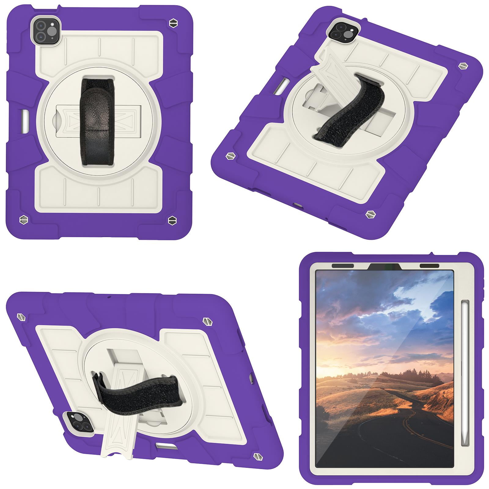 Shockproof Case for Apple iPad Air 11 Inch M4 M3 M2 2026/2025/2024, with Pencil Holder iKids Friendly Hand Strap Shoulder Strap Kickstand Anti-Scratch Case Cover for iPad Air 11",Purple
