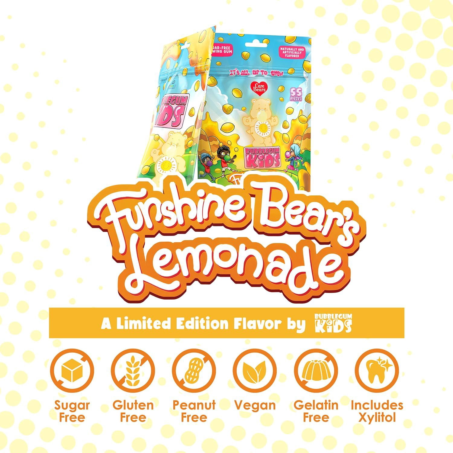 Bubblegum Kids Funshine Bears Sugar Free Gum with Xylitol, Low Calorie Chewing Gum, Lemonade Flavor, 10-Pack (55 Count/Pack)