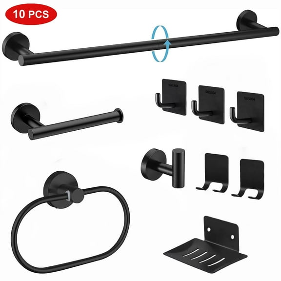 Onekawa 10-Piece Bathroom Hardware Set Matte Black – Wall Mounted Bathroom Accessories Kit Including 15.74" Towel Bar, Toilet Paper Holder, Towel Ring, Robe Hook, Stainless Steel Bathroom Towel Rack