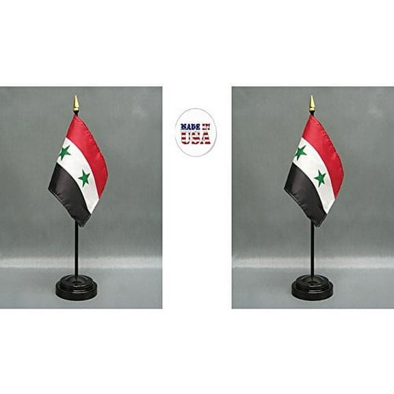 Made in The USA. 2 Syria Rayon 4"x6" Miniature Office Desk & Little Hand Waving Table Flags Includes 2 Flag Stands & 2 Small Mini Syrian Stick Flags