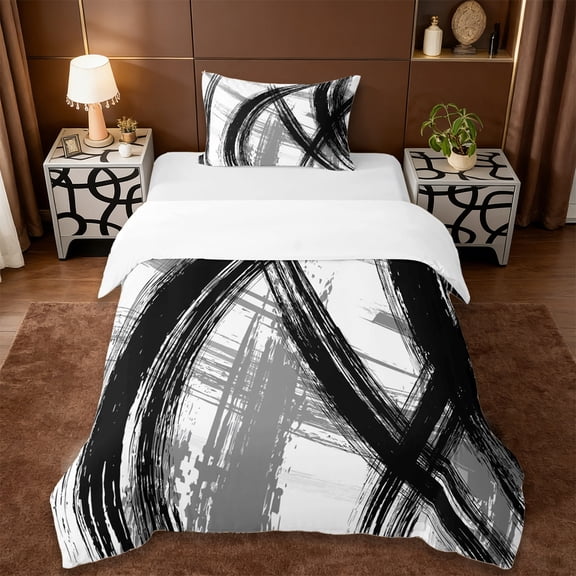 Erosebridal Modern Stripe Twin Duvet Cover Set,White Black Abstract Art,2-Piece
