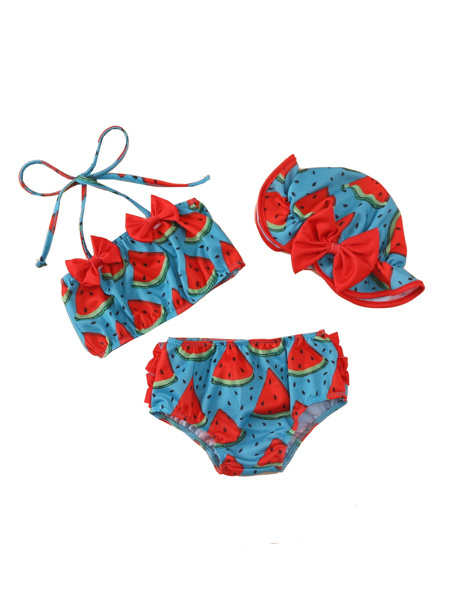 3pc Baby Girl Bikini Swimsuit Flamingos Crop Tops Ruffle Shorts with Hat Summer Swimwear Bathing Suit
