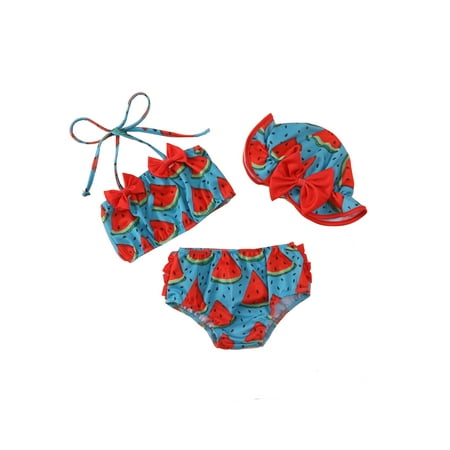 

Suanret 3Pcs Toddlers Baby Girls Swimwear Infants Printing Halterneck Tank Tops + Shorts + Ruffled Hat Swimsuit Blue Watermelon 18-24 Months