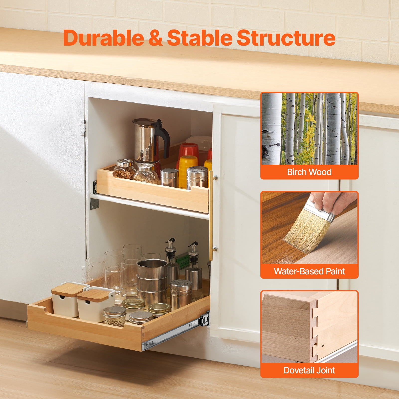 VEVOR Pull Out Cabinet Organizer, 17"W x 21"D Cabinet Drawer, Soft Close Slide out Shelf, Heavy-Duty Sliding Wood Drawer, Bottom and Side Assembly Base Cabinet Organization, Kitchen Pantry Bathroom