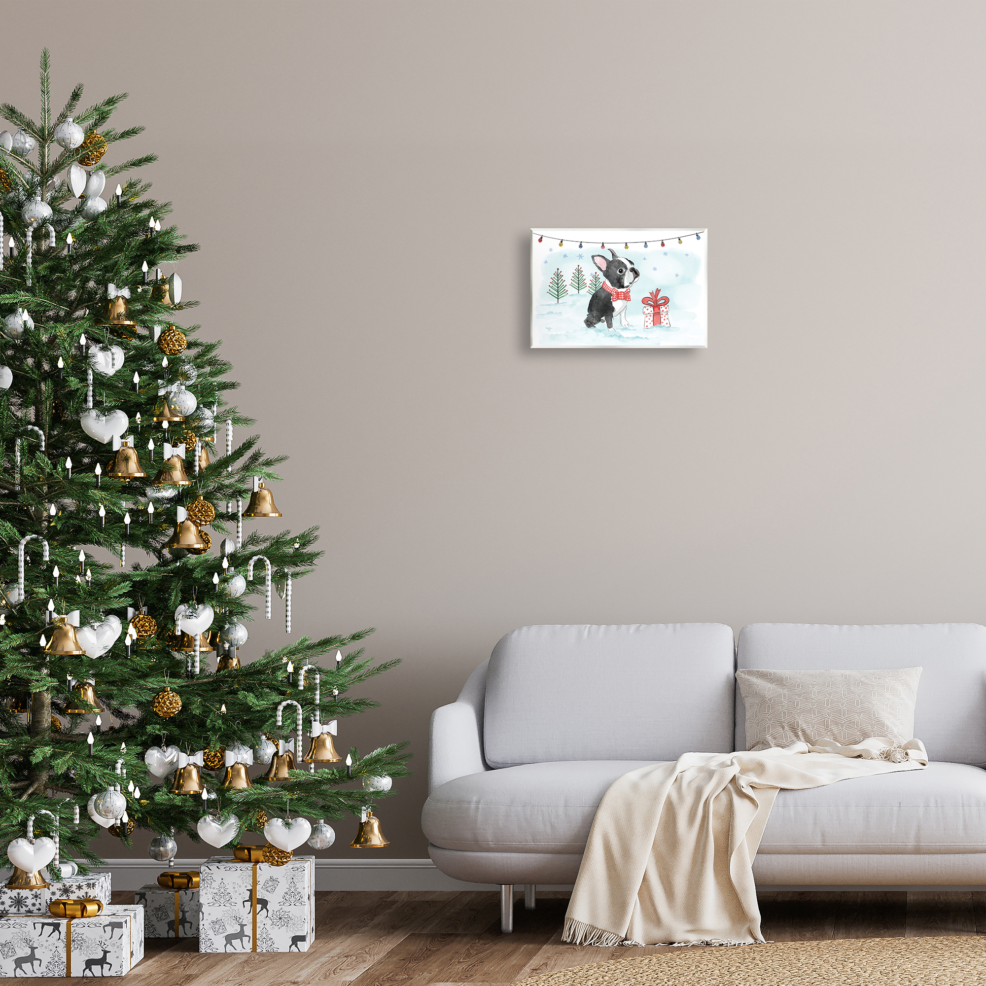 Stupell Industries Snowy Boston Terrier Holiday Painting Unframed Art Prints Wall Art, 15 x 10