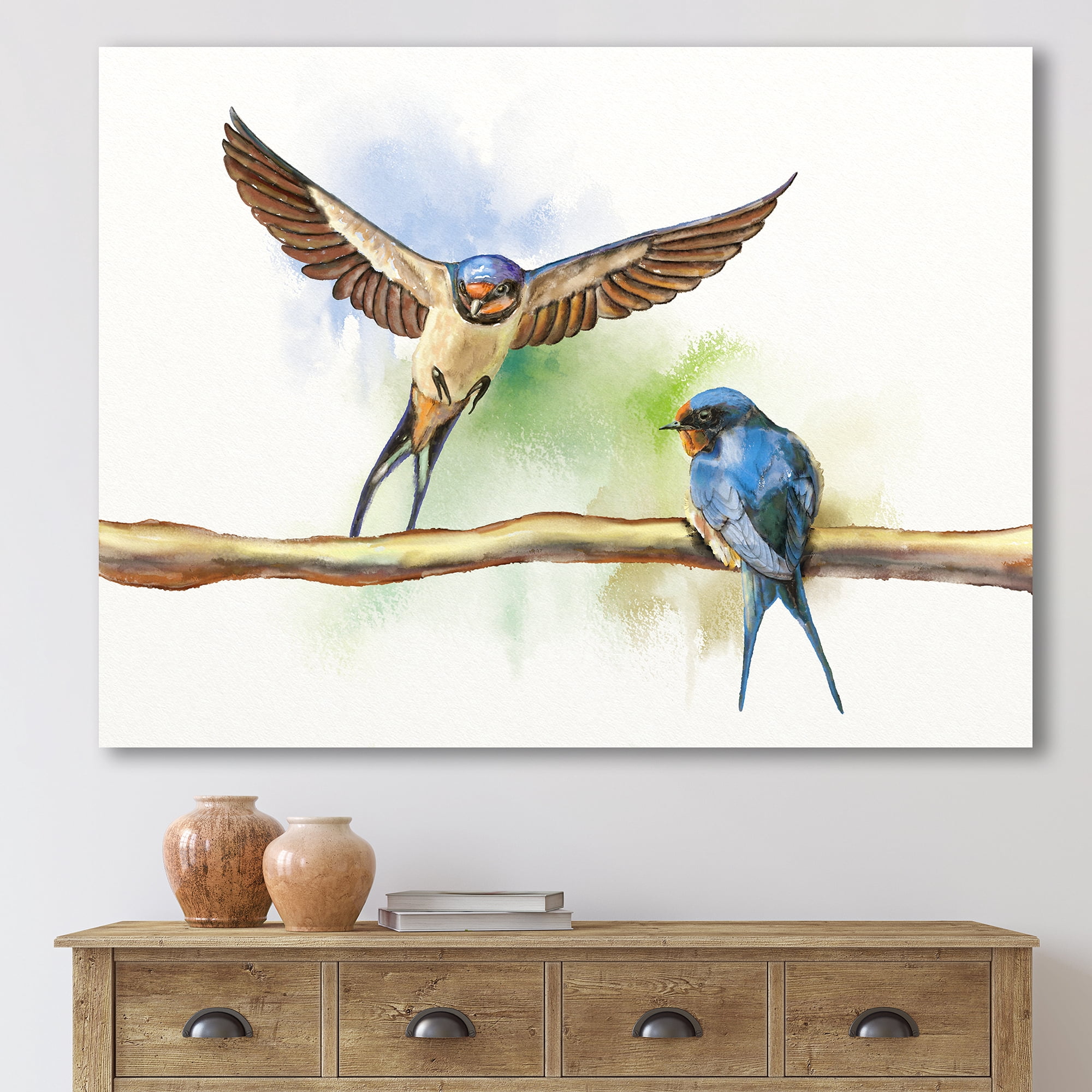 Designart ' Two Barn Swallows Birds On Branch ' Farmhouse Canvas Wall Art Print