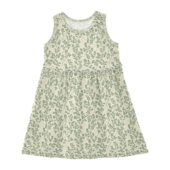 Girls Dress Olive Green Branches Sleeveless Dress for Girls Hem A-Line Casual Sundress