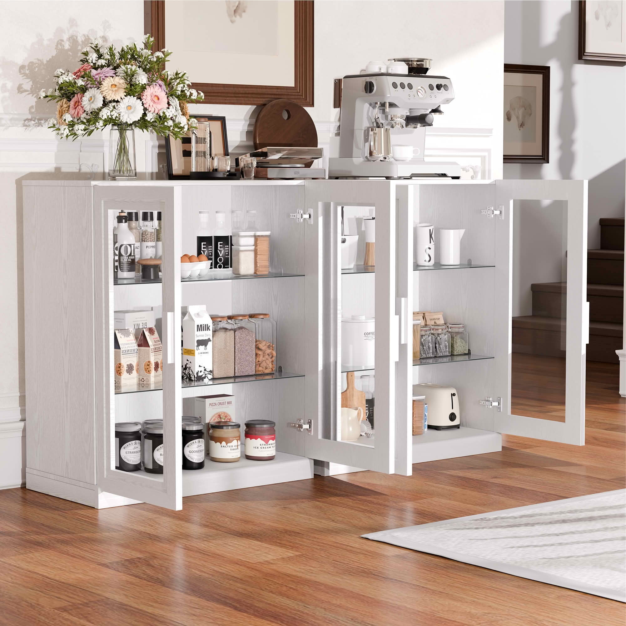 MAYEERTY 36x31x16 Inch White Wood Grain Storage Cabinet with Glass Door for Living Room
