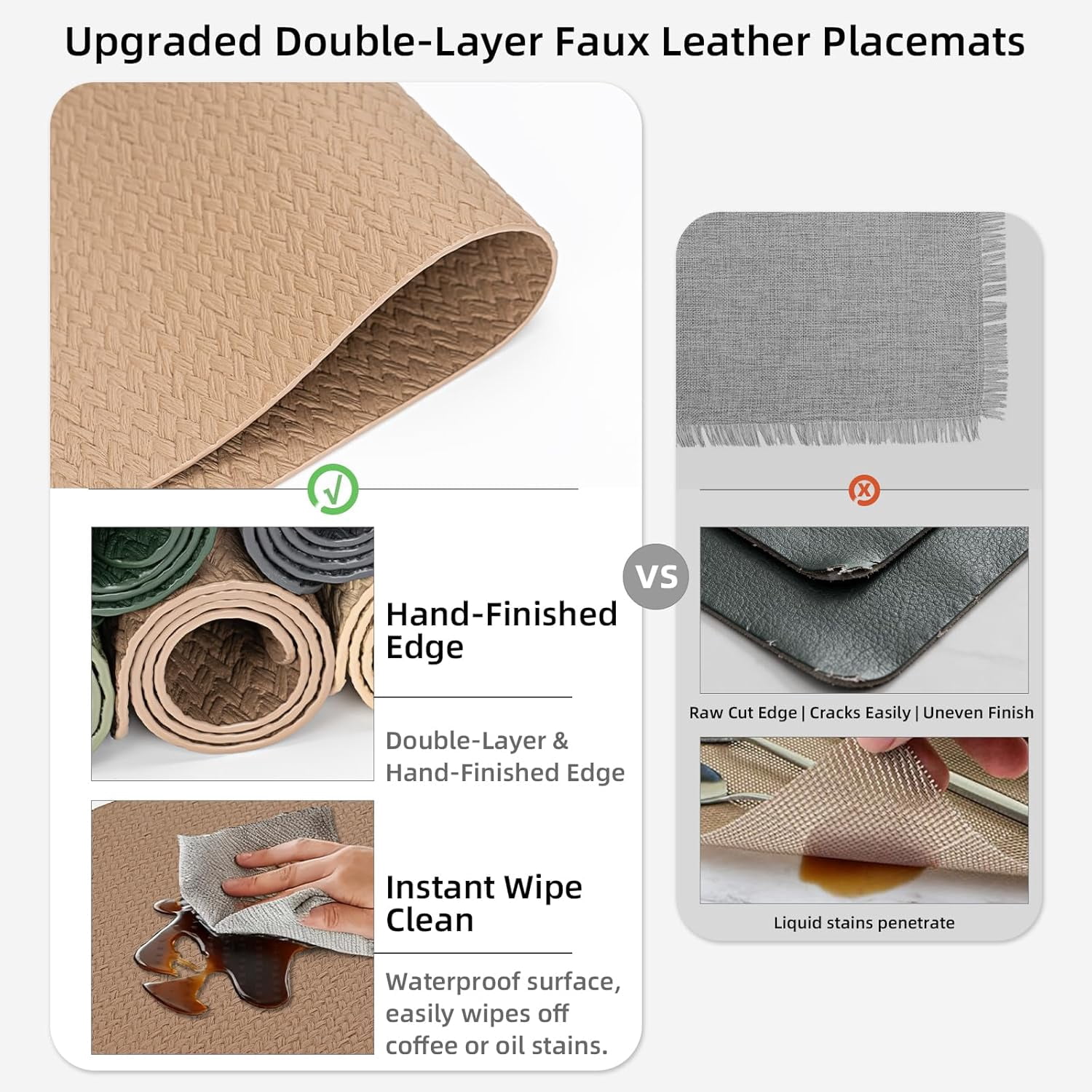 PROMATTOO Woven Embossed Placemats Set of 6,Heat Resistant,Faux Leather Dining Table Mat,Golden Beige