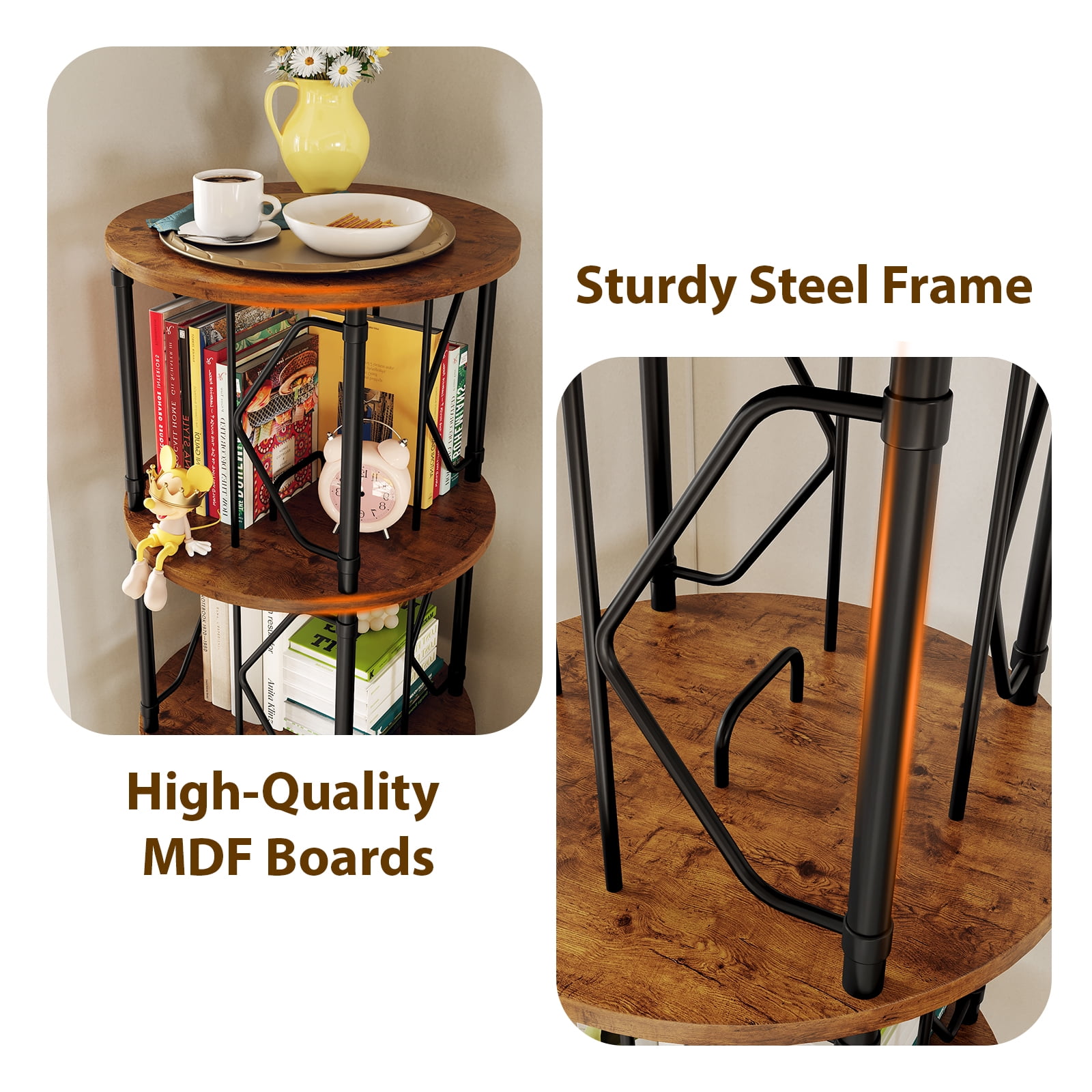 LLappuil 3 Tier Rotating Bookshelf, 360° Display Swivel Bookcase, Corner Bookshelf for for Bedroom, Living Room Brown