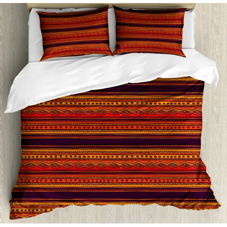 Orange Duvet Cover Set Abstract Hand Drawn Ethno Pattern Artistic