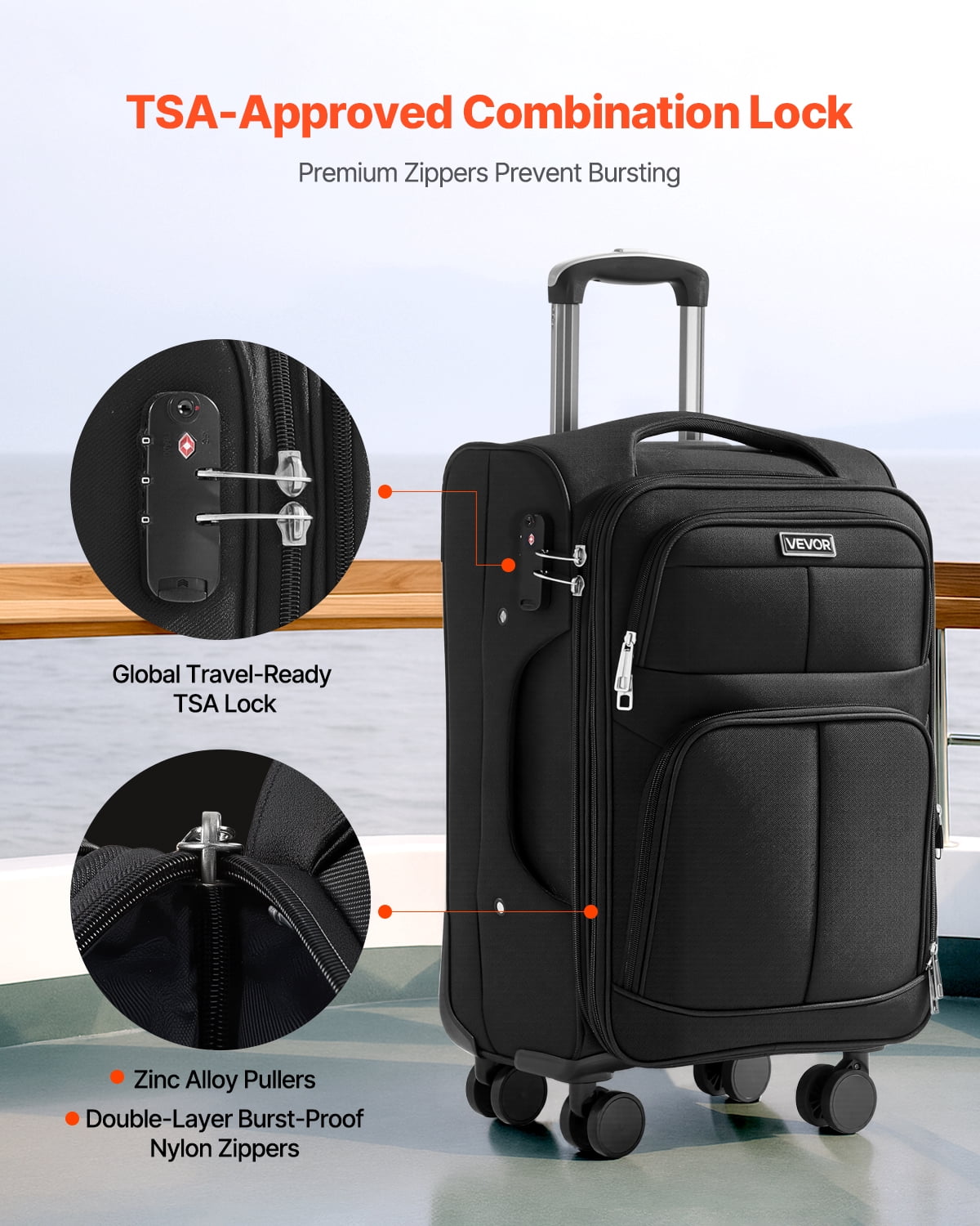 VEVOR Softside Expandable Luggage with Spinner Wheels, 20-Inch Softside Carry on Luggage, Lightweight Checked Suitcase with Expandable Zippered Pocket and TSA Lock, Black