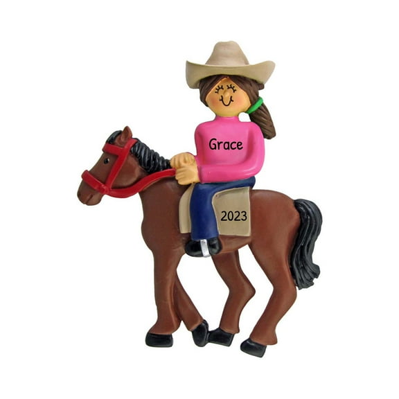 Personalized Horseback Riding Ornament - Equestrian Christmas Ornaments, Ranch Christmas Ornament, Horse Ornament, Equine Gifts for Horse Lovers - Brunette Female - Free Customization