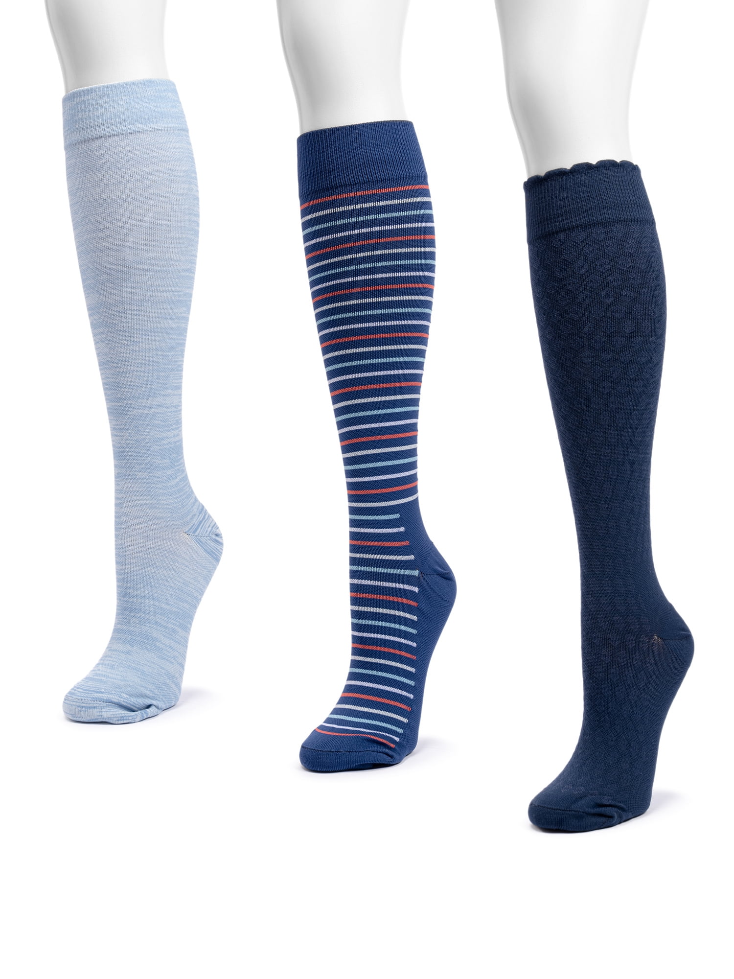 MUK LUKS Women's Wide Width Compression Nylon Knee-High Socks, 3-Pack, Shoe Size 6-10