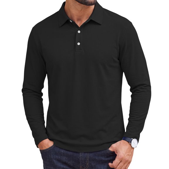 Fabrcox Men Long Sleeve Polo Shirts Regular Fit Collared Mens Golf Shirt Button Down Casual Outdoor Sports Business Work Shirts for Men Black XXL