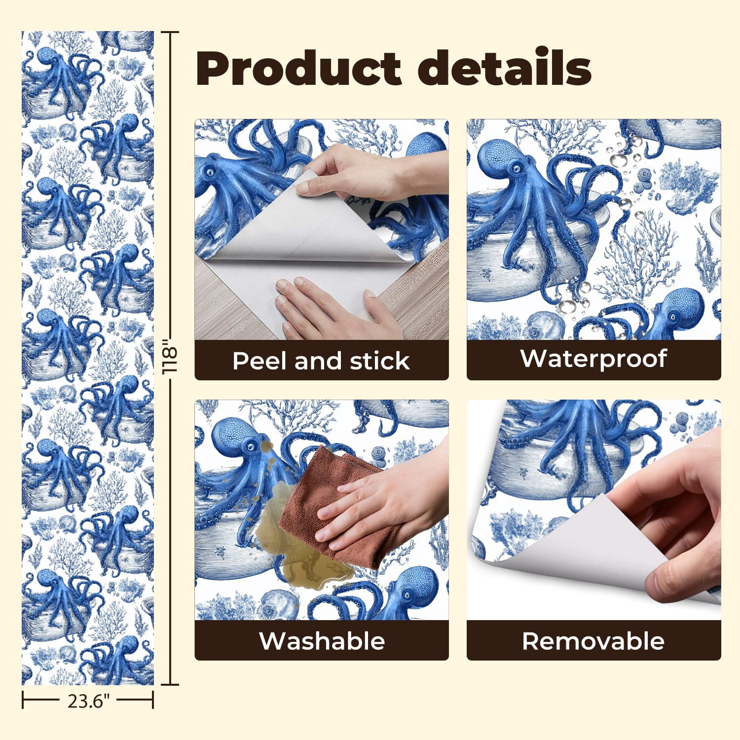 Peel and Stick Wallpaper Octopus Blue Vintage Engraving Marine Style Wall Mural 23.6in x 9.8ft Self Adhesive Removable Wall Paper Renter Friendly Wallpaper for Nursery Bedroom Cabinets
