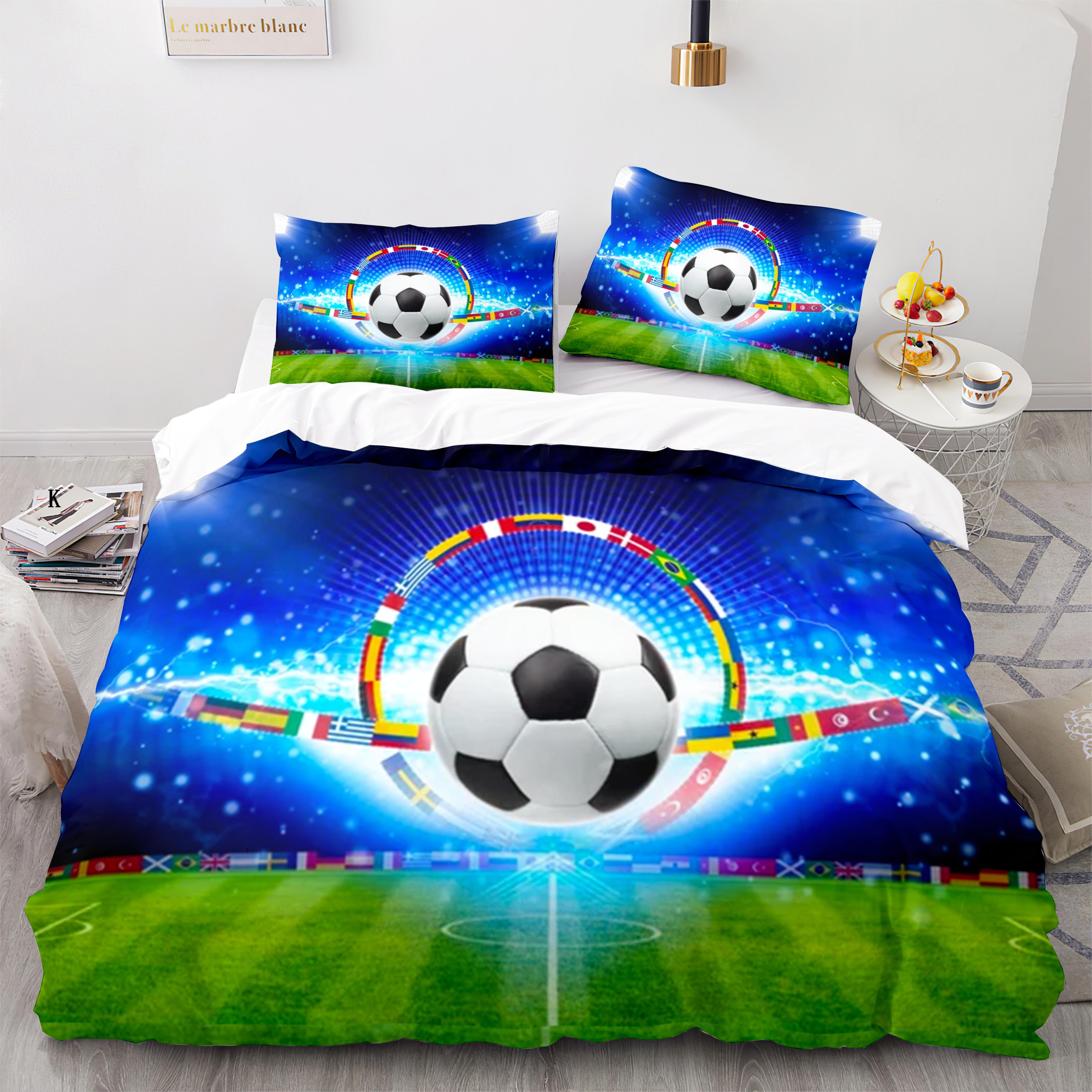 3D Football Duvet Cover Green Soccer Field Ball Sport American Flag