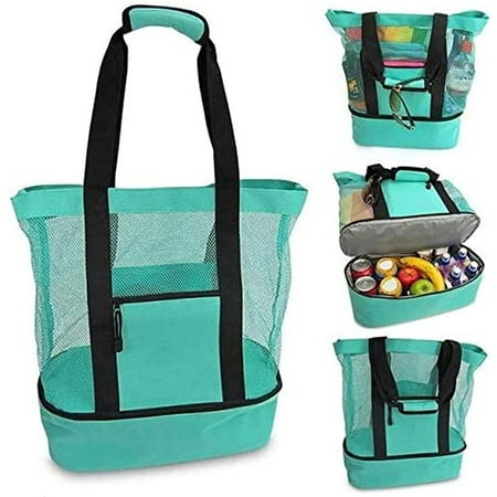 

Ladies Picnic Bag Mesh Refrigerator Compartment Oversized Zipper Outdoor Camping Beach Mesh Tote Bag Beach CampingIce Bag Lunch Bags (Green)