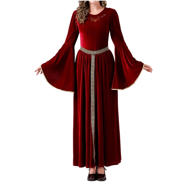 Pisexur Robes pour Femmes Mode Cosplay Robe d'Halloween Couleur Unie Ample à Manches Longues Robe Corset Col Rond Robe de Cocktail Robe de Fête Robe Maxi Plissée Robe Médiévale Renaissance