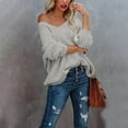 thumbnail image 4 of ManxiVoo Women's Lightweight V Neck Off Shoulder Pullover Sweater Loose Knit Long Sleeve Top for Autumn Casual Wear M Size Grey, 4 of 6