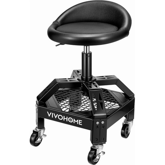 SPECSTAR Rolling Garage Stool Adjustable Height 360 Degree Swivel Stool with Tool Tray Storage and Wheels for Garage, Workshop, 300 LBS Capacity