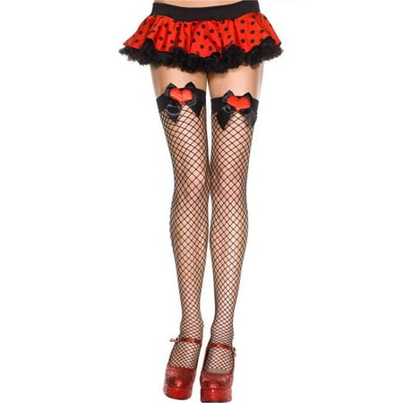 - 4988-BLACK-RED Heart Applique Satin Bow Mini Spandex Diamond Net Thigh High Stockings, Black & Red