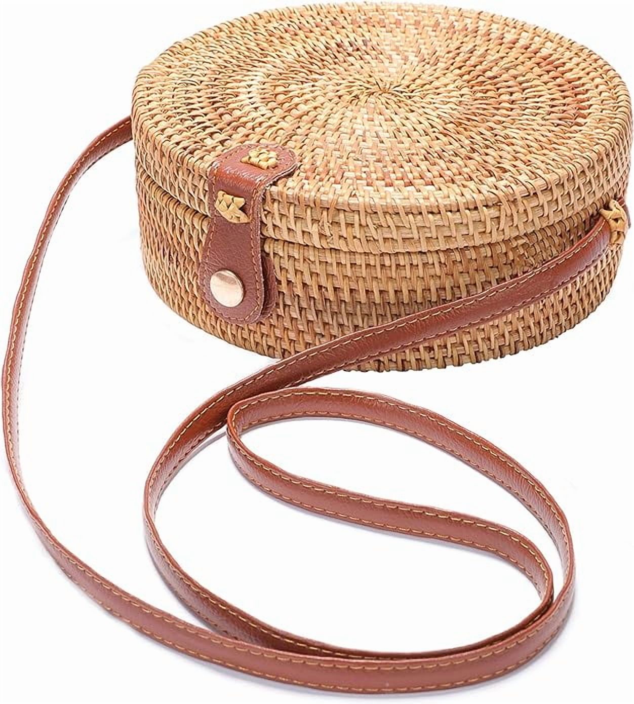 Handwoven Rattan Bag Shoulder with Leather Strap, Women Handmade Wicker Woven Purse, Brown Straw Boho Basket Handbag(7.9x7.9x3.1inches)