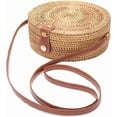 thumbnail image 3 of Handwoven Rattan Bag Shoulder with Leather Strap, Women Handmade Wicker Woven Purse, Brown Straw Boho Basket Handbag(7.9x7.9x3.1inches), 3 of 9