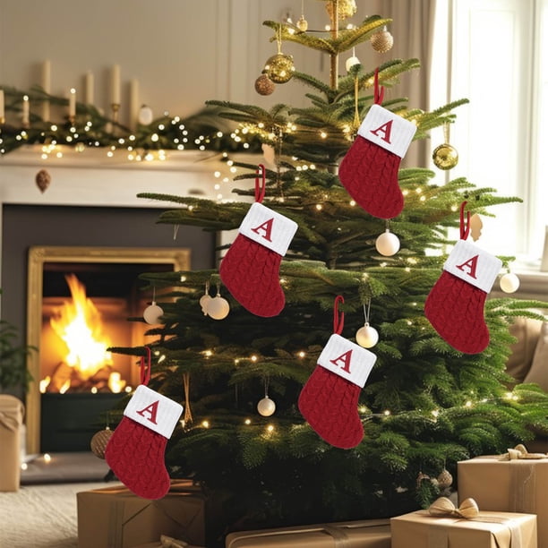 Seyotauo Knitted Wool Christmas Stocking With Embroidered Letter 7 inch People's Candy Gift Bag Festive Christmas Decorations For Fireplace Tree Hanging Holiday Gift Holder