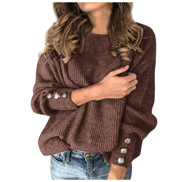 Gibobby Suéter para mujer, Suéter de cuello redondo para mujer, casual, manga larga, punto grueso, suéter suave(Café,M)