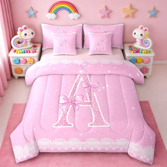 Manfei Letter A Monogrammed 7-Piece Twin Bedding Sets,Pink Sparking Print Bedding Comforter Set,Cute Bow Bowtie Sheet Sets For Child,Microfiber Room Decorative Reversible
