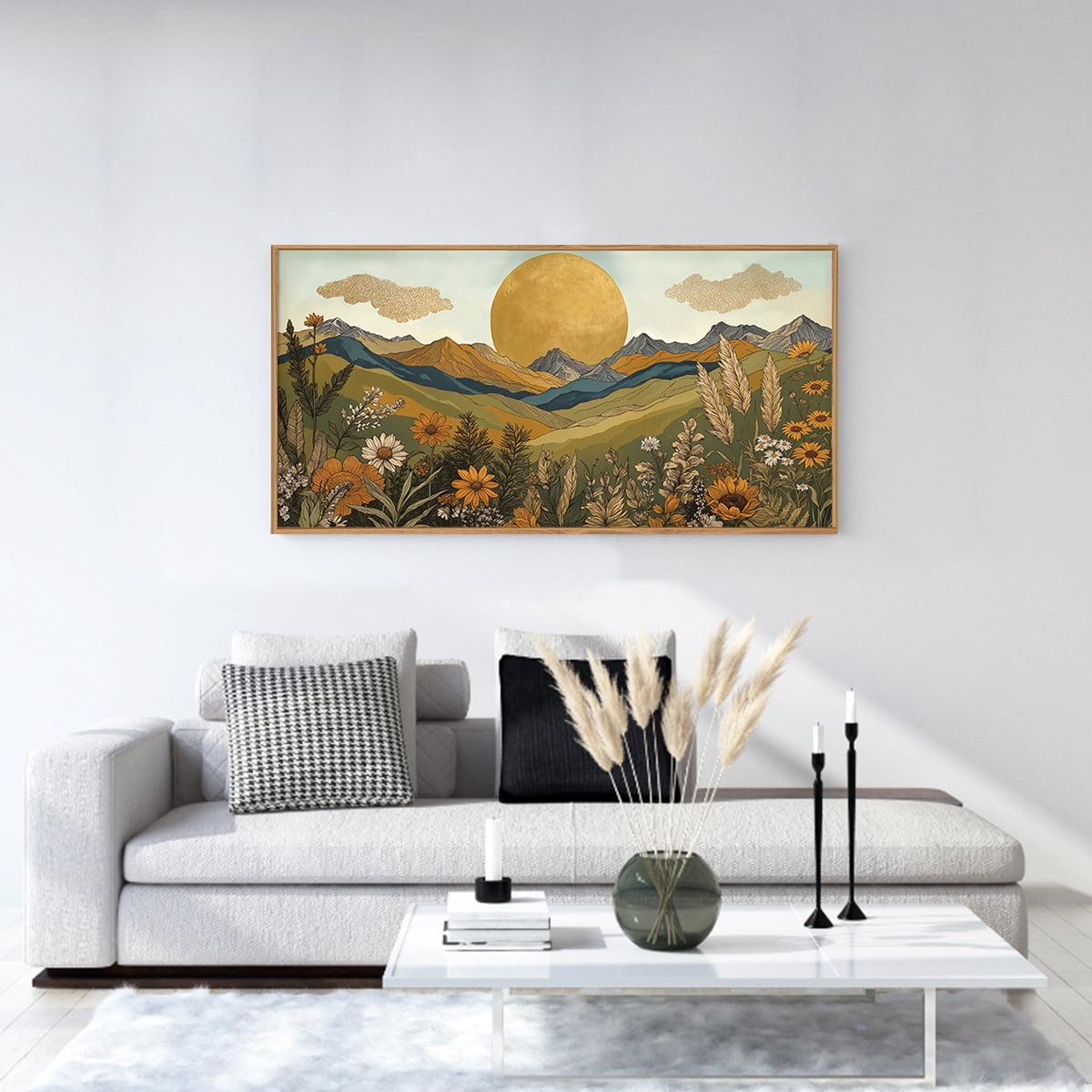 TOARTi Boho Mountain Wall Art Nature Landscape Wall Decor Framed Sun and Flowers Canvas Print for Living Room Bedroom Office 20X40 In