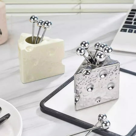 

Tpzfurit Originality Cheese Ceramic Storage Jar with Cute Stainless Steel Fruit Fork Set - Beige Ceramic Base with Cheese Design Includes 6 Smooth Ball Forks for Safe Durable Fruit Enjoyment