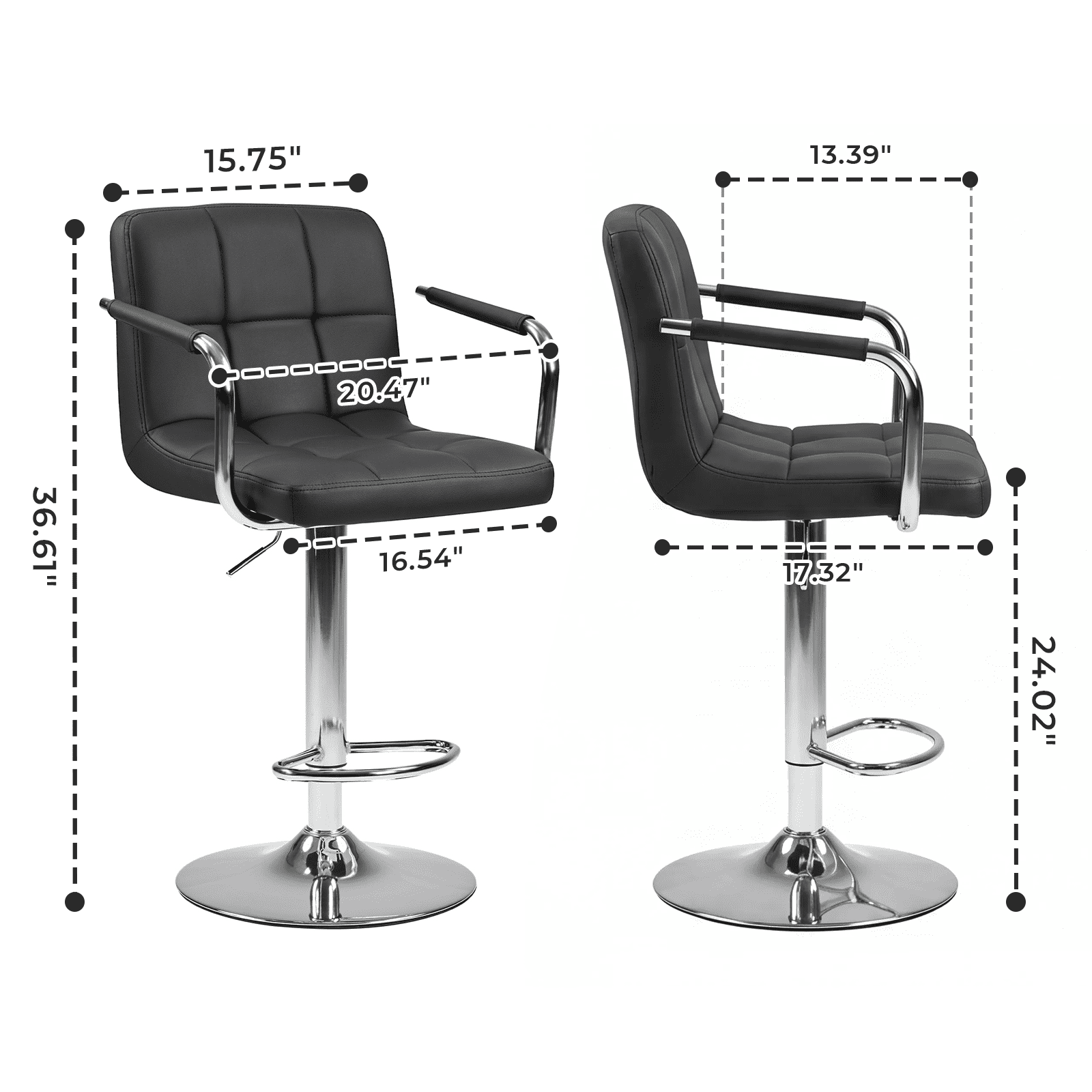 Alvantor 2-Pack Bar Stools, PU Leather Height Adjustable Swivel/ Arms Barstools, Hydraulic Kitchen Counter Height Bar Chairs, Made of Waterproof Polyurethane Leather Material