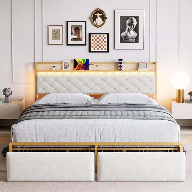 Eastvita King Bed Frame Beige Upholstered Platform Bed with RGB LED Lights Headboard/2 Storage Drawers/USB Ports/Outlets/Noise-Free/No Box Spring Needed