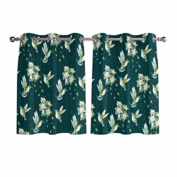 Green Summer Botanical Kitchen Curtains Window Panels, Spring Floral Birds Farmhouse Insulated Window Treatment Curtain, Grommet Curtains for Bedroom/Living Room/Bathroom, 2 Piece 52"Wx45"L