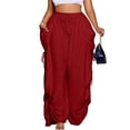thumbnail image 2 of Drawstring Cotton Linen Pants for Women, High Waist Wide Leg Harem Trousers with Pockets - Breathable Loose Fit Boho Palazzo Pants Wine M, 2 of 5