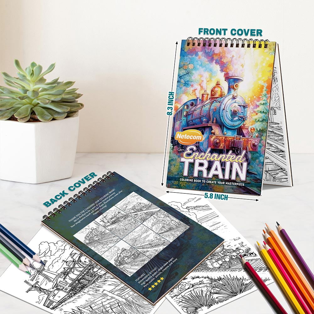 Netecom Train Coloring Book Spiral Bound for Adults and Toddlers, A5 Wooden Cover, 30 Whimsical Railway Coloring Pages of Scenic Journeys for Stress Relief and Relaxation
