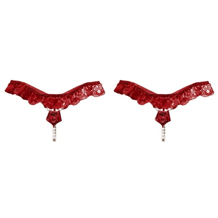 LWNYDPLSD 2 Pack Womens Pearl T Back G String Embroidery Rose Flowers Beaded Thong Panty Underwear Low Rise T-Back Underpants Valentines Day Gifts for Her