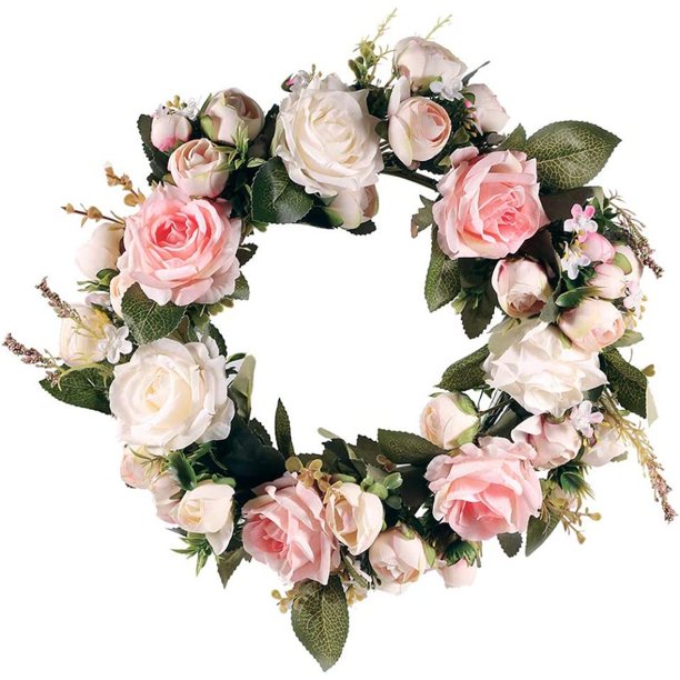 Guirnalda de primavera de rosas para puerta delantera, guirnalda rosa hecha a mano, guirnalda de primavera de imitación para puerta delantera, pared, boda, fiesta, decoración del hogar