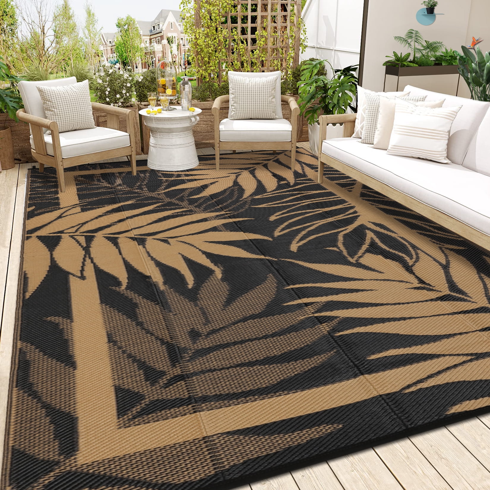 Soonbuy 8x10FT Outdoor Rug with Palm Leaf Pattern, Waterproof Reversible Patio Carpet, Fade Resistant Outdoor Area Rug with Heavy Duty Non-Slip Backing for Deck, Backyard, Pool, Porch, Living Room