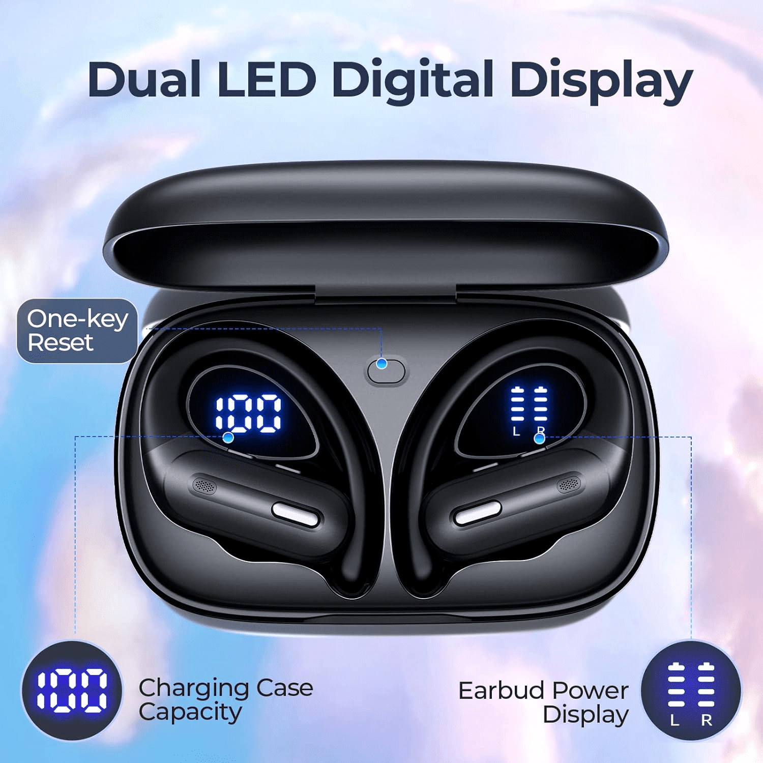 Active Noise Cancelling Wireless Earbuds Bluetooth Headphones 90 Hrs Playtime Ear Buds with Hi-Res Stereo Power Display Earphones with Earhooks Waterproof Transparency Headset Sports/Running