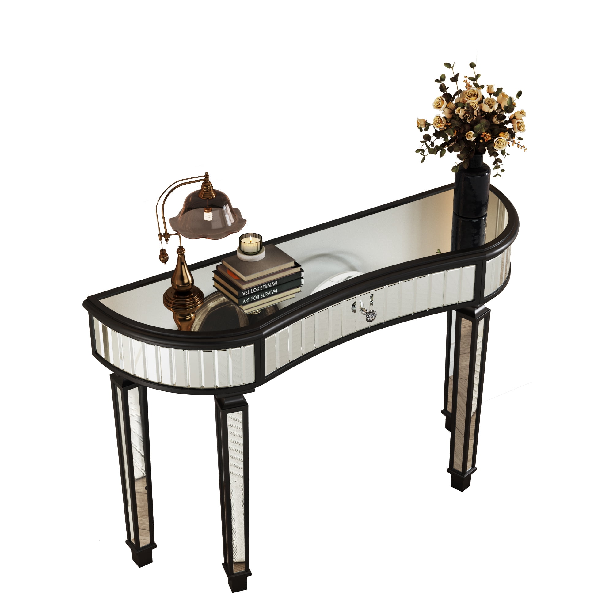 Curved Glass Console Table with Fluted & Crystal Knob Drawer, Mirrored Entryway Display Table, Multi-functional Vanity Desk