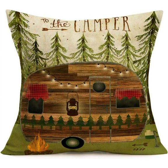 Happy Camper Travel Rv Trailer Throw Pillow Covers Cotton Linen Pine Tree Bonfire Arrow Decorative Pillow Cases Camping Adventure Theme Home Outdoor Decor 18x18 Inch Square Cushion Cover