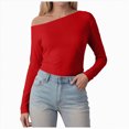 thumbnail image 2 of larppty Women Long Sleeve Off Shoulder Tops Trendy Cowl Neck Going Out Slim Fitted Shirt for Fall (Red, XL), 2 of 8