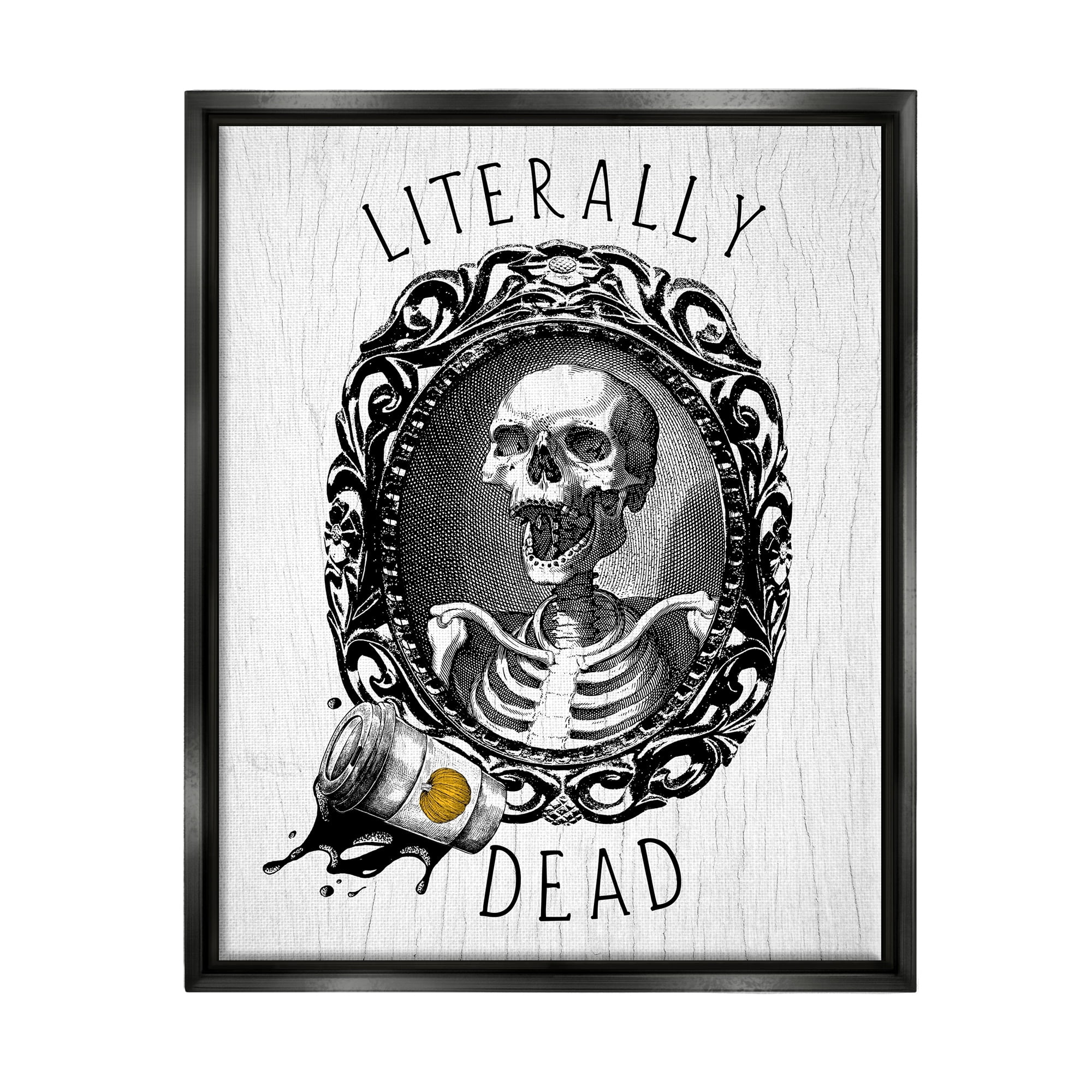 Stupell Industries Literally Dead Skeleton Spilled Coffee Ornate Design Graphic Art Luster Gray Floating Framed Canvas Print Wall Art, Design by Daphne Polselli