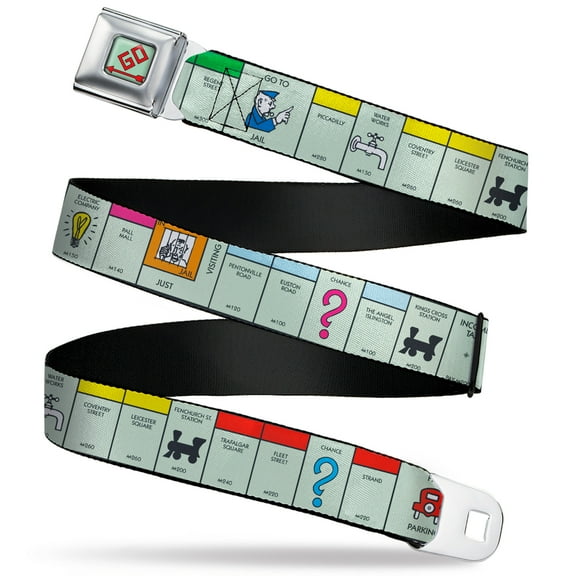 Hasbro Belt, Seatbelt Buckle Belt, Monopoly British UK Game Board Space Blocks, 30 to 44 Inches