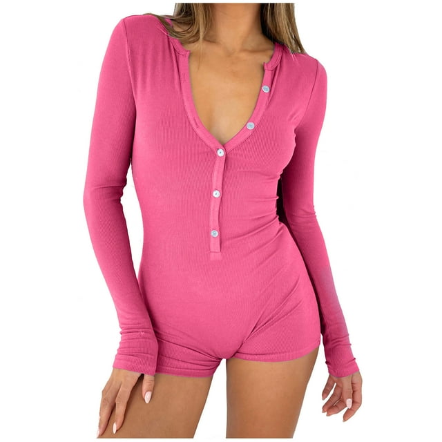 Penkiiy Combinaison en Tricot à Manches Courtes pour Femmes, Boutonnée, Col à Revers, une Pièce, Rose Vif, TP